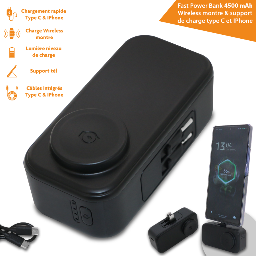 : Rapide Power Bank 4500 mAh tél & Wireless montre avec câbles type C et IPhone en tant que Support tel à chargement rapide