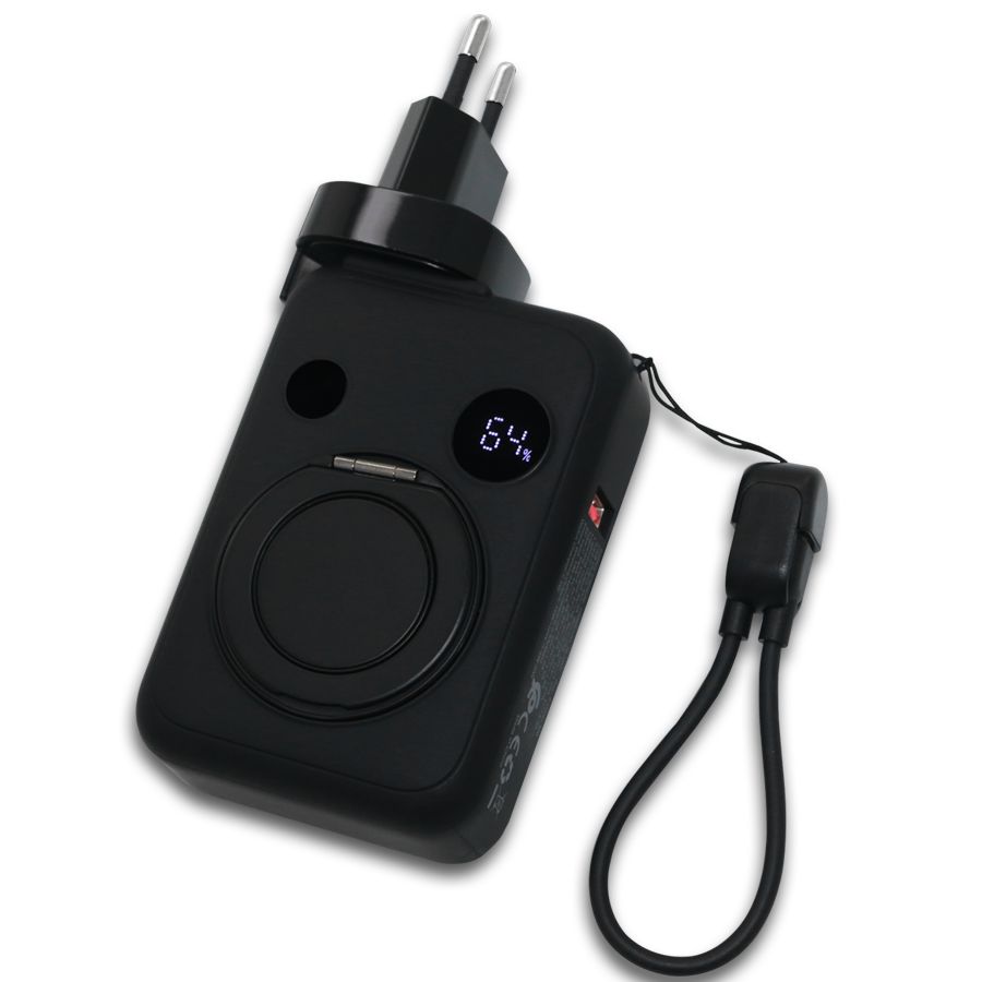 Coffret Power Bank MagSafe 10000 mAh Extra options sans fil pour téléphone, écouteurs sans fil et montre digitales avec prise murale USA et adapteur UE ainsi qu’un porte tél rotatif métallique.
